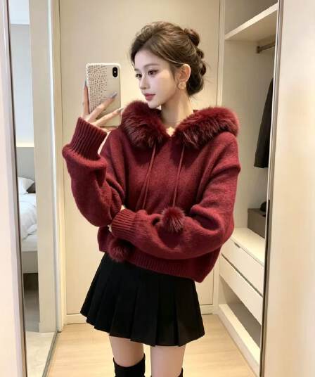 레트로 한 부서 자이언트 잘 생긴 품격 2026 가을 겨울철 새로운 커피 색상 모피 패치워크 후드 니트 스웨터 여성 의류