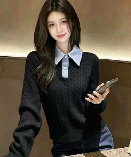 레트로 패치워크 페이크 레이어드 스웨터 여자 봄 가을 겨울 쇼트 스타일 루즈핏 디자인 센스 Chic 캐주얼 다용도 기본 셔츠