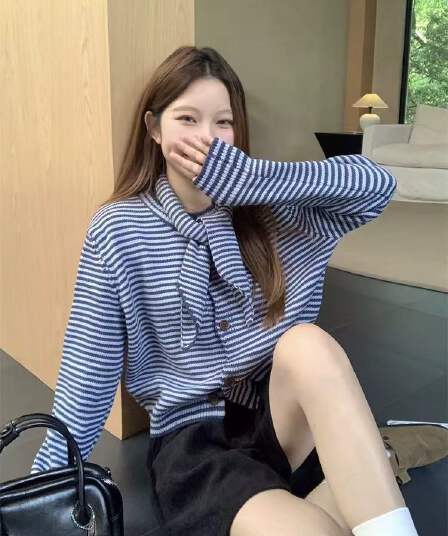 letm 색상 통제 ~ 중 가을 레트로 색상 포인트 스트라이프 배색 코디 니트 스웨터 여자 오픈 가디건 캐주얼