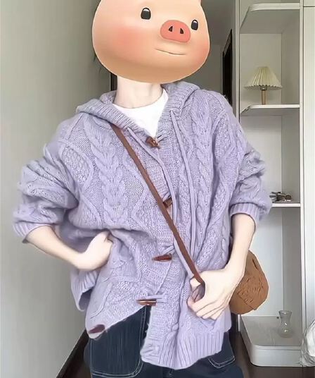 보라색 느긋한 바람 부드러운 찹쌀 니트 오픈 가디건 스웨터 여자 새로운 소뿔 버클 후드 여성 코트