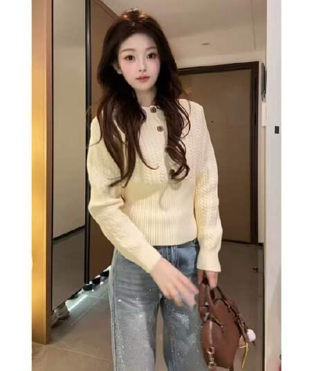 레트로 캐주얼 폴로 칼라 긴팔 단추 꽈배기 나비 매듭 정말 좋은 자 신의 맨위 봄 가을 겨울 스웨터 카디건 코트