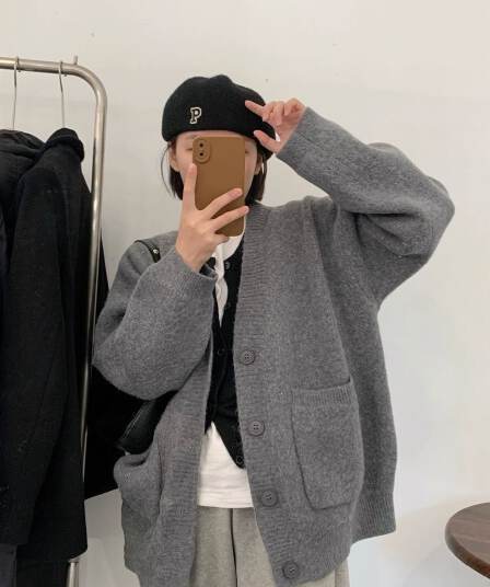 한 부서 단색 더블 주머니 스웨터 오픈 가디건 여성 가을 겨울 새로운 와이드 부드러운 찹쌀 느긋한 캐주얼 다용도 니트 재킷