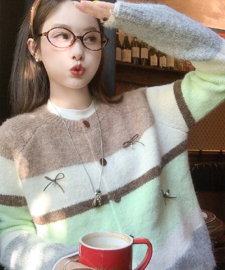 한 번 작은 짭짤한 한 부서 배색 스트라이프 스웨터 오픈 가디건 여성 가을 겨울철 루즈핏 느긋한 니트 재킷 맨위 두꺼운