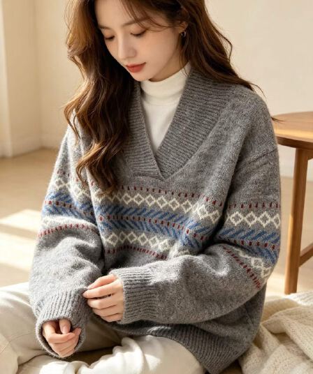 2026 새로운 레트로 V넥 풀오버 털 셔츠 니트 긴 소매 스웨터 여자 겨울 새로운 루즈핏 슬림해 보이는
