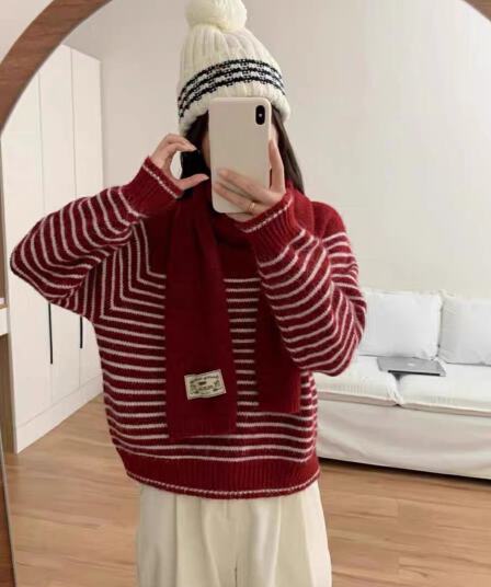 한 부서 스트라이프 풀오버 품격 다용도 루즈핏 분위기 센스 보온 부드러운 찹쌀 스웨터 경기 스카프 만나는 니트 스웨터 트렌디