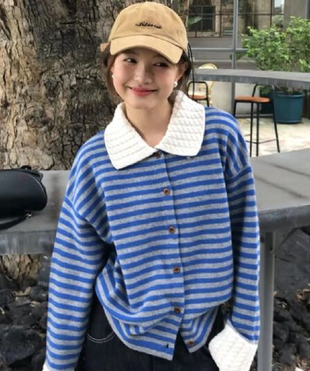 작은 샤넬 스타일 스트라이프 POLO 칼라 긴팔 스웨터 니트 스웨터 여성 조기 가을 느긋한 느슨함 센스 착용 가져 가라. 재킷 맨위