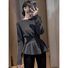 批发小个子法式收腰显瘦荷叶边下摆针织衫女秋<b class='q'>冬</b>温柔风氛围感长袖上衣