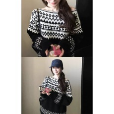 批发黑色船领费尔岛提花毛衣女秋<b class='q'>冬</b>宽松外穿慵懒风长袖套头针织衫上衣