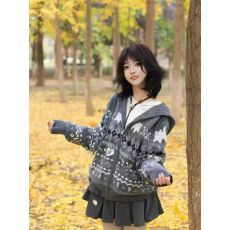 批发<b class='q'>潮</b>牌费尔岛毛衫女款连帽针织衫 猫咪提花毛衣绵羊毛开衫外套