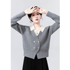 批发灰色假两件<b class='q'>针织</b>开衫女春秋2026新款设计感撞色翻领毛衣外套短上衣