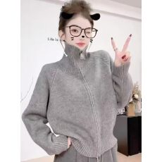 高领灰色拉链毛衣女秋冬季加厚慵懒风针织开衫外套高级感