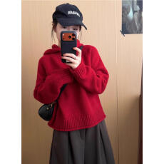 批发慵懒风连帽加厚长袖毛衣<b class='q'>女</b>冬季<b class='q'>新款</b>设计感宽松软糯红色针织上衣潮