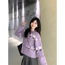 批发甜美风紫色植物花卉图案<b class='q'>开衫</b>毛针织衫2026年新款