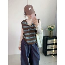 批发复古风格条纹V领无袖毛针织衫 2026年新款