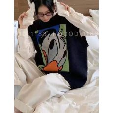 批发休闲风黑灰圆领无袖坎肩卡通提花<b class='q'>针织衫</b>/毛衣 显瘦百搭