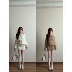 批发韩系穿搭套装女秋季小个子白色斜肩针织毛衣包臀半身短裙子<b class='q'>两件套</b>