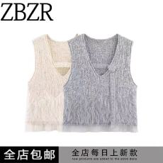 批发温柔风V领无袖短款亮片蕾丝拼接针织背心吊带 显瘦气质