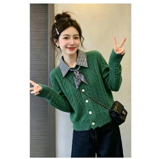 批发韩版拼色翻领长袖短款麻花纹理开衫毛<b class='q'>针织</b>衫 显瘦气质