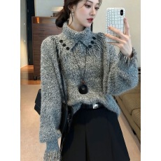 批发独特别致灰色针织毛衣女2026冬季软糯慵懒风时髦洋气加厚百搭上衣