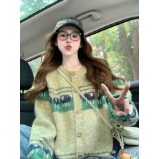 批发费尔岛提花毛衣外套女2026新款秋冬季高级感软糯宽松复古针织开衫