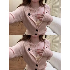批发温柔风粉红色V领长袖收腰短款纽扣开衫毛针织衫 显瘦气质