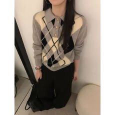 批发<b class='q'>韩国</b>货高品质菱形格学院风polo羊毛毛衣外套女冬季新款韩版