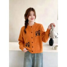 甜美风桔色圆领长袖短款卡通人物开衫毛针织衫 显瘦减龄