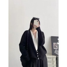 拼接撞色假两件保暖内搭针织开衫女士早秋冬法式外穿上衣外套