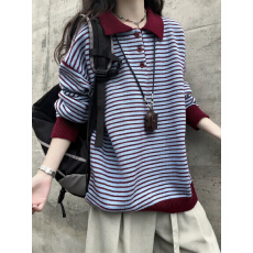 批发美式条纹撞色拼接毛衣男女秋季翻领长袖针织衫短款内搭情侣polo衫