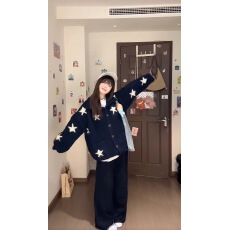 批发韩系星星提花针织开衫女秋冬新款宽松慵懒风软糯毛衣外套气质纯色