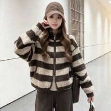 批发秋季韩系新款设计感立领条纹短款外套女宽松拉链开衫洋气百搭上衣