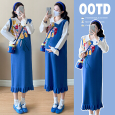 批发实拍孕妇针织<b class='q'>连衣裙</b>秋冬新款<b class='q'>蓝色</b>毛衣裙长款裙子花神迷宫春季