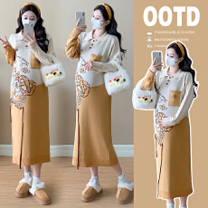 批发实拍孕妇针织毛衣裙秋冬季新款卡通动漫长袖连衣裙春季