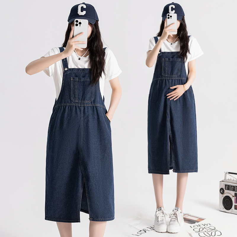 출산 착용 여름 드레스 데님 멜빵 스커트 여름 작은 키 빅 사이즈 임산부 루즈핏 슬림해 보이는 다용도 드레스
