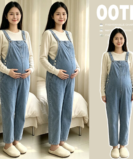 임산부 가을 겨울 새로운 패션 루즈핏 빅 사이즈 데님 멜빵 바지 외출용 멜빵