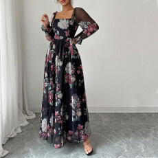 批发独立站wish亚马逊欧美爆款新款方领印花系带显瘦大摆<b class='q'>连衣裙</b>女装