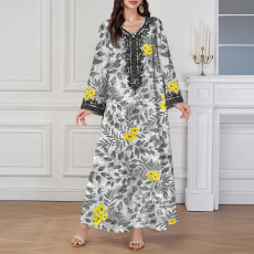 独立站wish亚马逊爆款大码大摆民族风领口金丝花边喇叭袖长裙