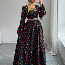 独立站wish亚马逊欧美爆款新款方领碎花系带显瘦大摆连衣裙女装