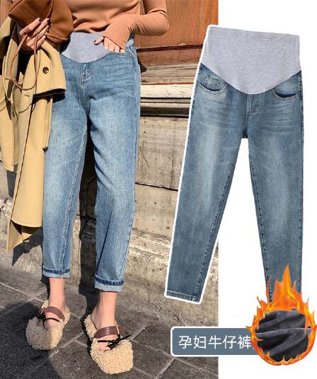 주간 고양이 품질 임산부 청바지 봄과 가을 루즈핏 스트레이트 아빠 만나는 긴 바지 임산부 가을 겨울 털이 있는