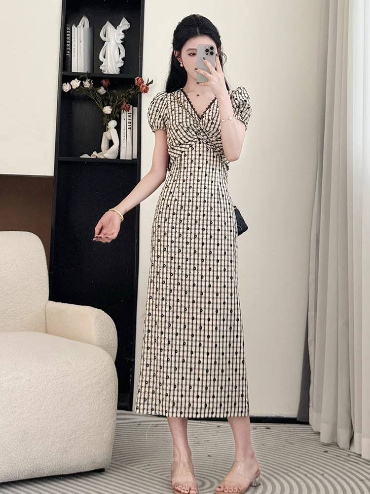 FA24348# 格子连衣裙女夏今年流行爆款修身气质大方得体法式长裙子 服裝批發女裝批發服飾貨源