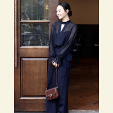 批发秋季贵气感千金穿搭独特漂亮气质减龄小香风高级感蓝色<b class='q'>雪纺</b>套装<b class='q'>裤</b>