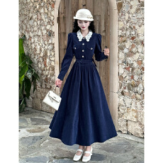 批发2026新款法式长袖<b class='q'>连衣裙</b>女春巨好看蕾丝拼接灯芯绒复古长裙