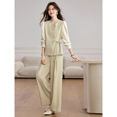 批发2026新款简约撞色系带套装女冬季气质高级感阔腿裤两件套洋气