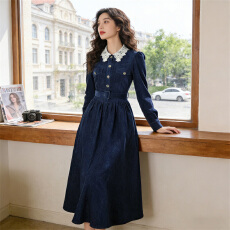 批发2026新款法式长袖<b class='q'>连衣裙</b>女春巨好看蕾丝拼接灯芯绒复古长裙