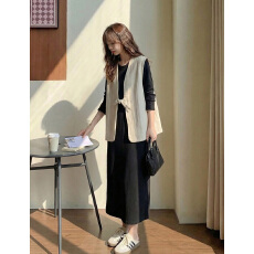 批发蝴蝶结马甲黑色<b class='q'>连衣裙</b>两件套女春秋淡人告知不费力显贵穿搭高级感