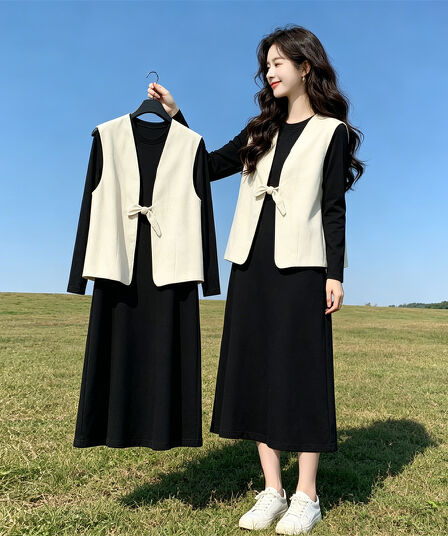 봄 가을 2026 새로운 한 부서 품격 오래된 돈 바람 점프 슈트 치마 세트 여성 고급 센스 나비 매듭 베스트 투피스 세트