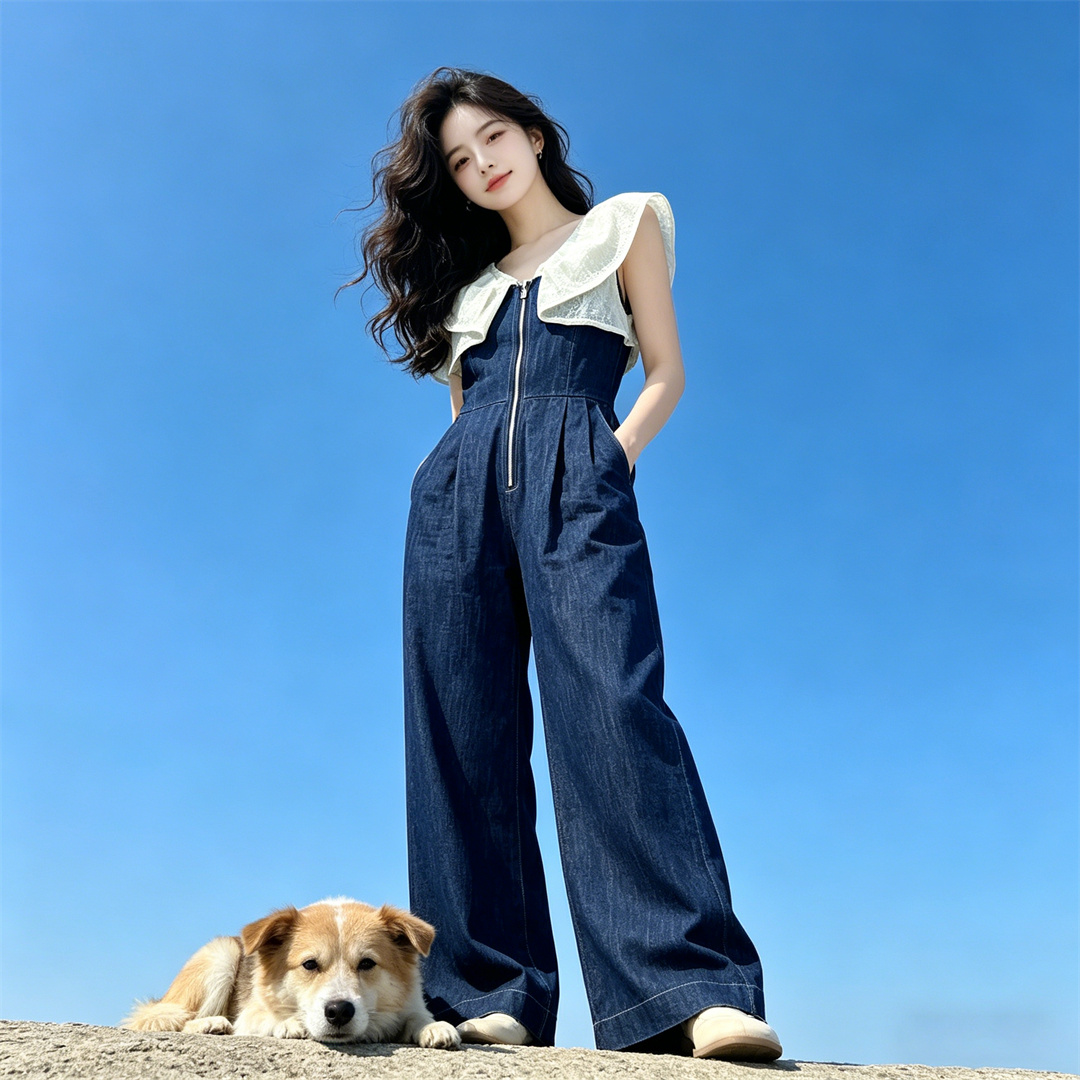 2026 여름 새로운 디자인 센스 캐주얼 점프 슈트 프릴 V넥 점프 슈트 바지 하이웨이스트 스트레이트 팬츠 긴 바지
