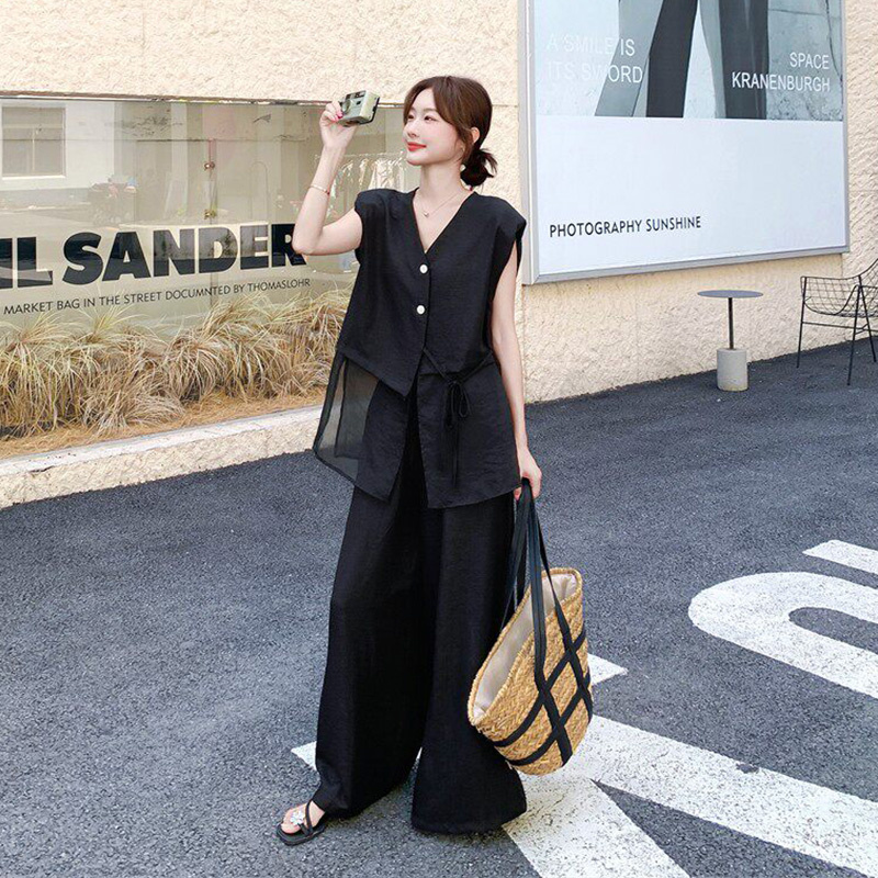 망사 패치워크 검정색 셔츠 와이드 레그 팬츠 세트 여성 여름 2026 새로운 투피스 세트 빛 요리 한 작은 대중 폭발 인기