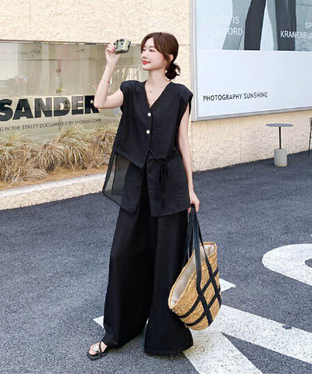 망사 패치워크 검정색 셔츠 와이드 레그 팬츠 세트 여성 여름 2026 새로운 투피스 세트 빛 요리 한 작은 대중 폭발 인기