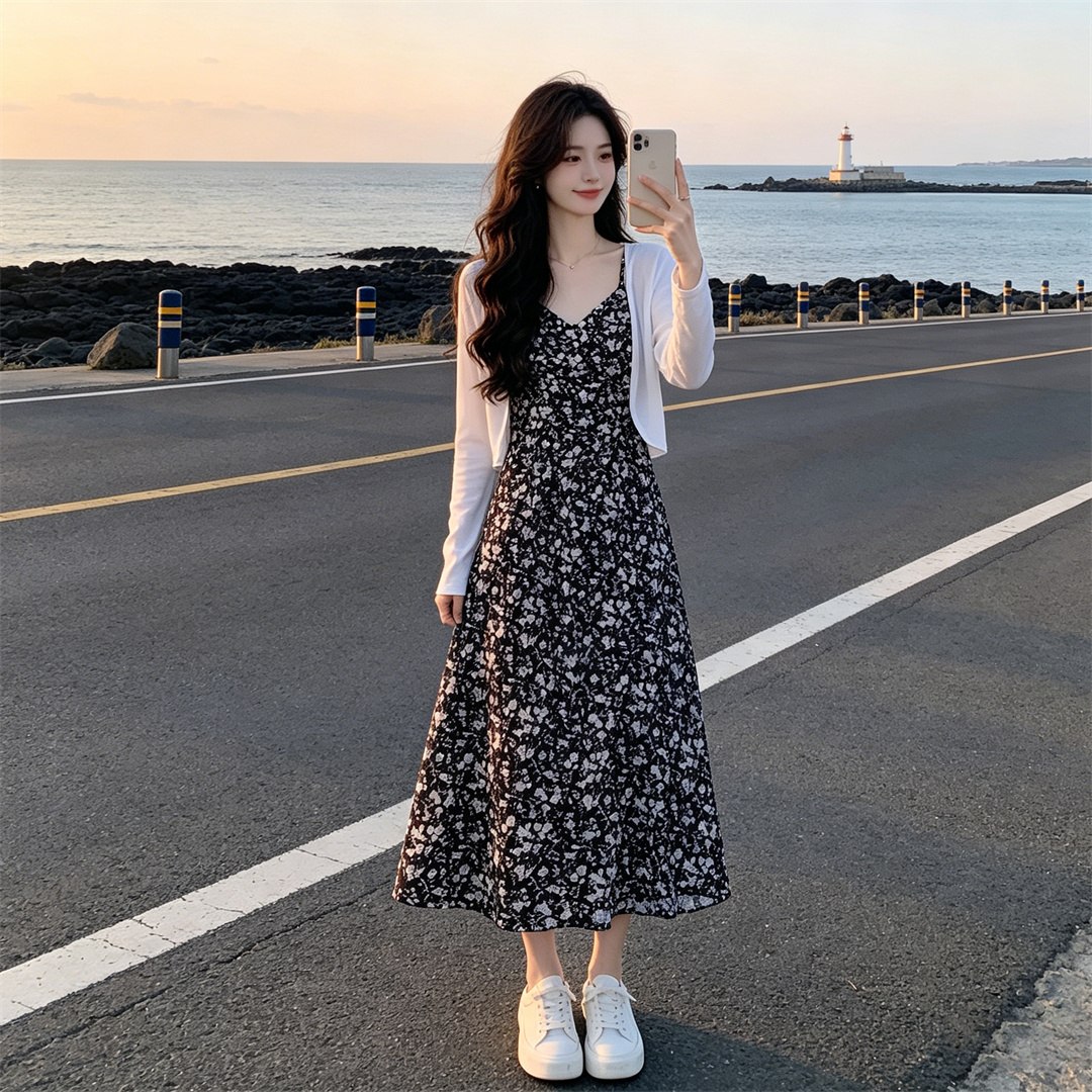 드레스 조기 봄 드레스 2026 새로운 패션 외국 가스 여성 의류 올해 인기 봄 가을 투피스 슈트 꽃무늬 치마